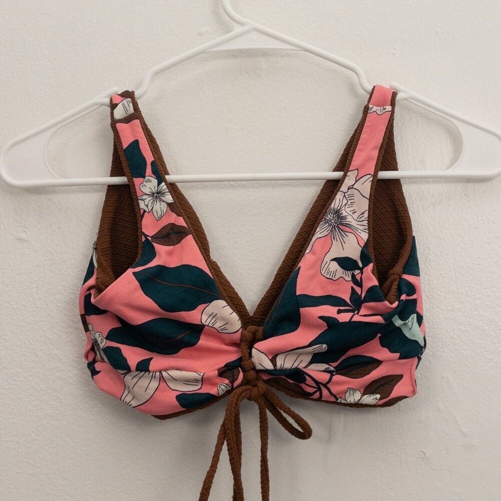 Floral Bikini Top Pink Brown Reversible Tie Front Adjustable Swimwear M - Picture 2 of 2
